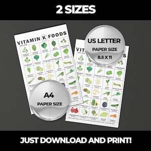 May include: Two printables with a chart of Vitamin K foods, including vegetables and fruits. The text "Vitamin K Foods" is at the top. The image also includes the text "2 Sizes", "US Letter Paper Size 8.5 x 11" and "A4 Paper Size". The bottom text reads "Just Download and Print!"