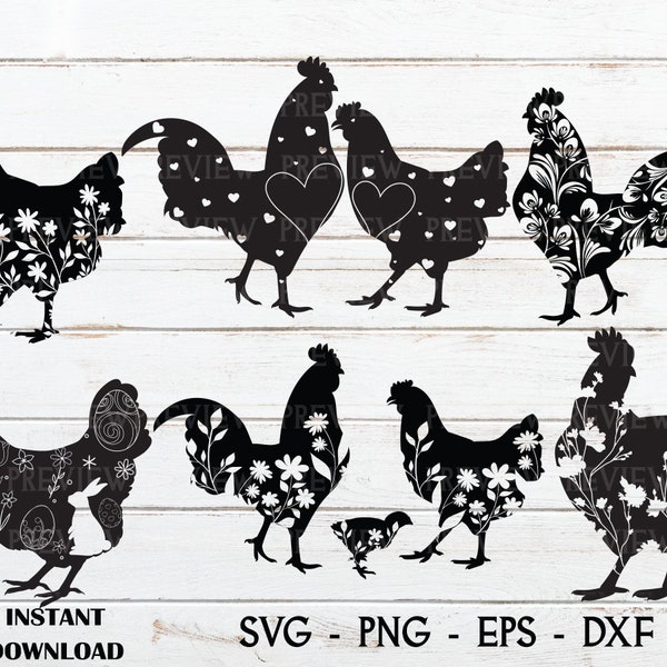 Chicken svg bundle, svg file for cricut, Rooster Clipart SVG, hen svg, chicken svg, chicken clipart, Floral chicken svg silhouette