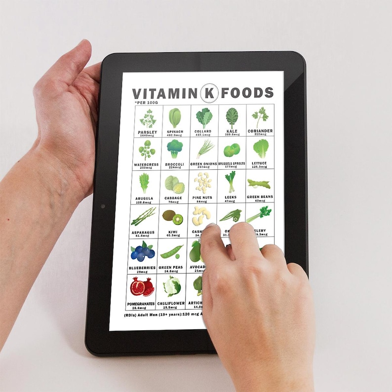 May include: A person holding a black tablet displaying a Vitamin K Foods chart. The chart lists various vegetables and fruits with their Vitamin K content per 1000 units. The text "Vitamin K Foods" is at the top.