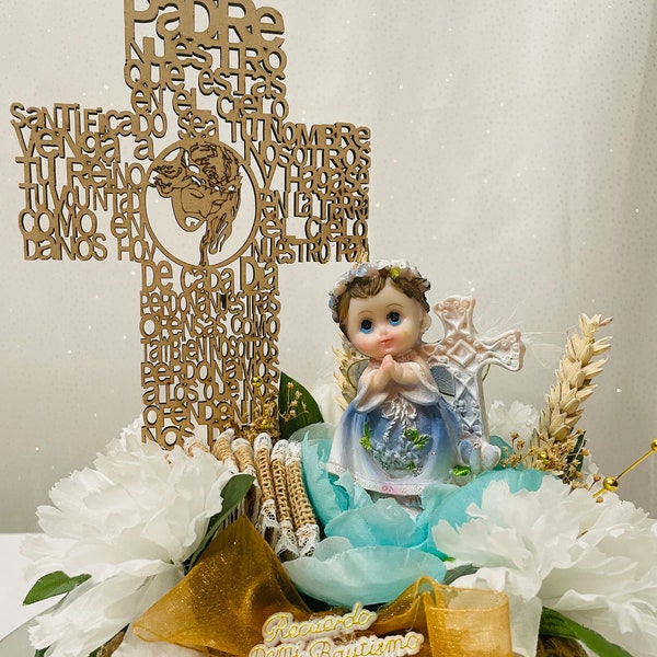 Boy Baptism Centerpiece, Cross Centerpiece, Baby Blue Centerpiece for Baptism, Centro de Mesa para Bautizo de Nino