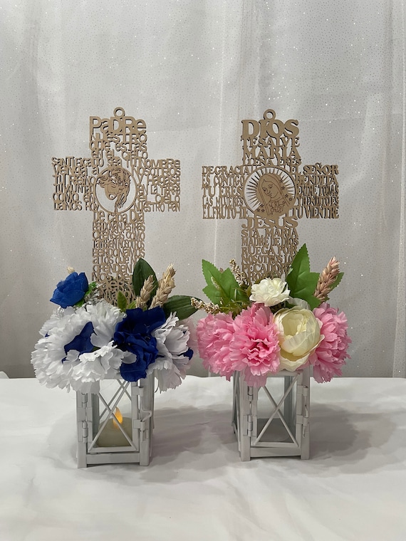 Set of 3 Cross Baptism Centerpieces Baptism Decor First Holy Communion  Centerpiece Christening Centerpieces Mi Bautizo Floral Sticks Toppers 