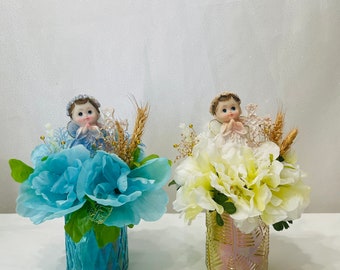 Centerpiece Baptism Party Favors: Chromed Glass Jars with Ceramic Baby