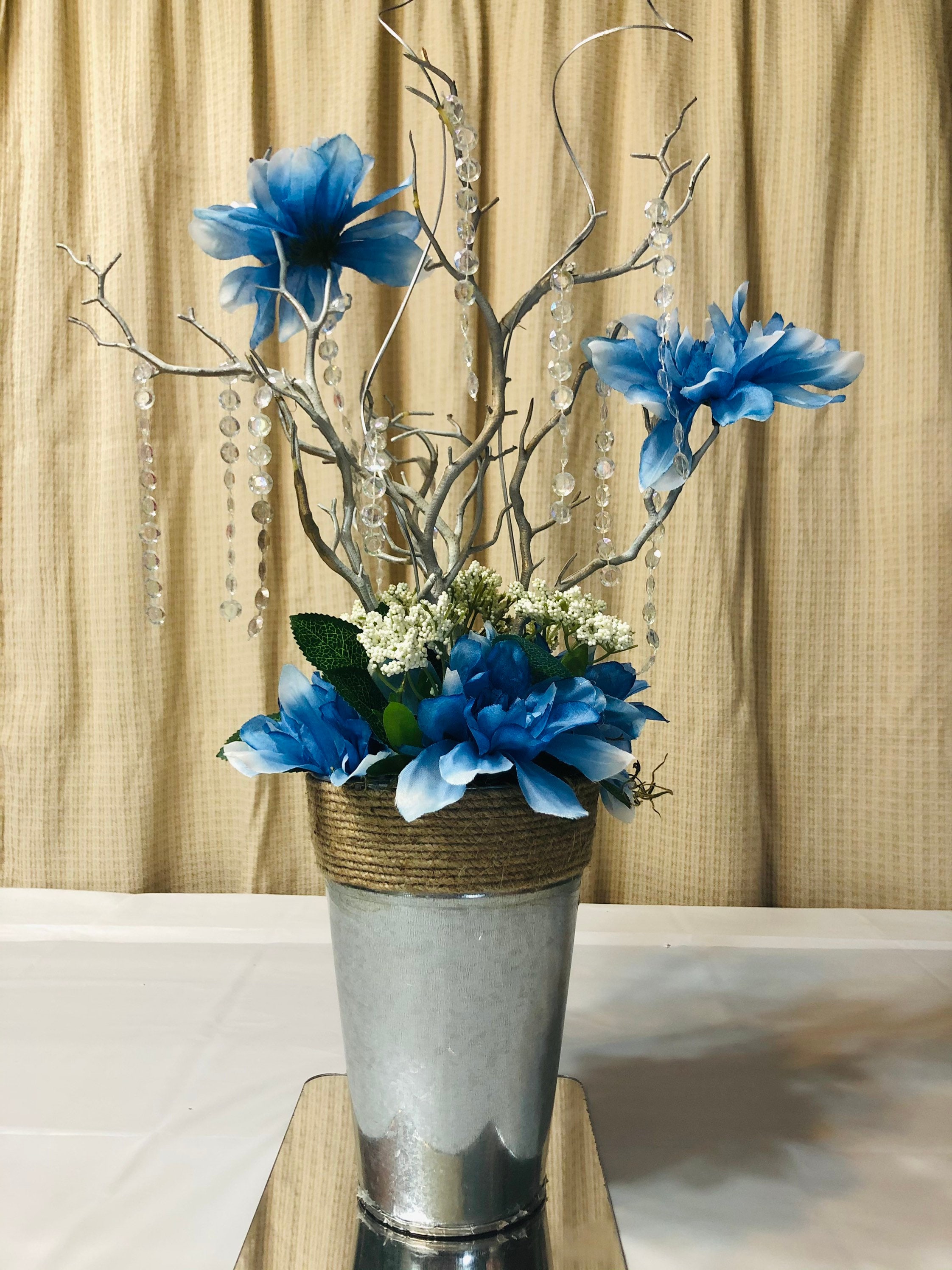 Blue Centerpiece for Dining Table, Burgundy Wedding Decor, Centro De