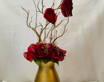 Centerpiece Burgundy Rose Centerpiece: Gold Vase, Wedding Quinceanera Decor for party