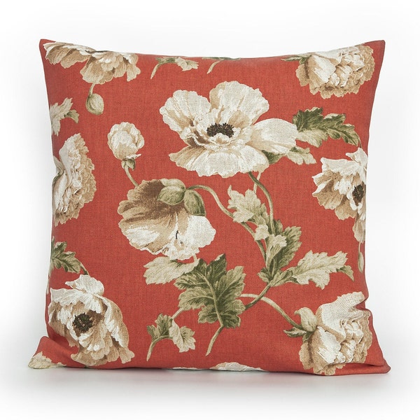 P.Kaufmann Poppy Floral Blaze Coral/Red Decorative Pillow Cover. Accent throw pillow, home decor. 12x12 14x14 16x16 18x18 20x20 22x22 24x24