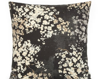 Linen P.Kaufman Black Beige Abstract Floral Decorative Pillow Cover. Accent throw pillow, home decor. 16x16 18x18 20x20 22x22 24x24 26x26