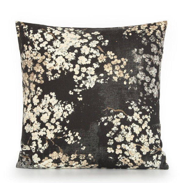 Linen P.Kaufman Black Beige Abstract Floral Decorative Pillow Cover. Accent throw pillow, home decor. 16x16 18x18 20x20 22x22 24x24 26x26