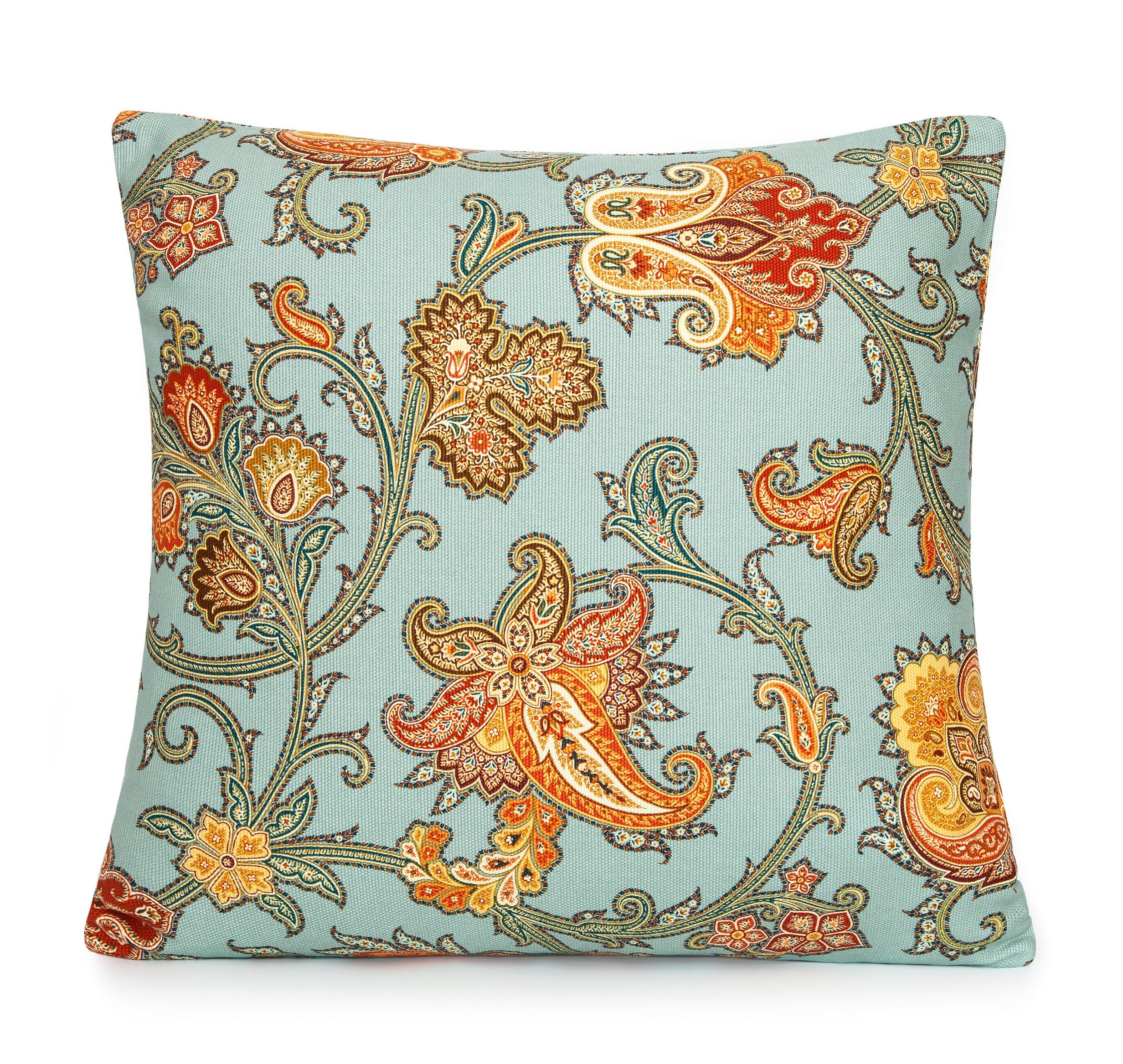Linen Folk Motif Floral in Turquoise Decorative Pillow Cover. - Etsy