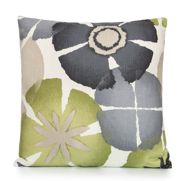 Robert Allen Pure Petals Greystone Contemporary Floral Design in Green Black Gray Decorative Pillow Cover. Accent throw pillow, home decor.