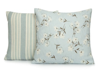 Woven Striped, Floral Blue Decorative  Pillow Cover. Accent throw pillow, home decor. 8x8 10x10 12x12 14x14 16x16 18x18 20x20 22x22 24x24