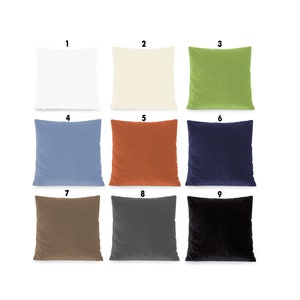 May include: Nine different colored throw pillows arranged in three rows. The pillows are all the same size and shape, and they are all made of a soft, plush fabric. The colors of the pillows are white, cream, green, blue, orange, navy blue, brown, gray, and black.