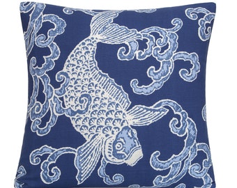 Linen by P.Kaufmann Blue White Large Fish Decorative Pillow Cover. Accent throw pillow, home decor.  18x18 20x20 22x22 24x24 26x26 28x28