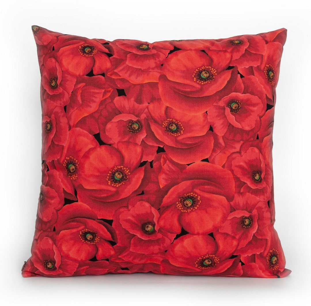Poppy Flowers in Red and Black Decorative Pillow Cover. Accent Throw