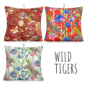 Floral Jungle, Cheetah, Tiger in Red, Blue Decorative Pillow Cover. Accent throw, lumbar pillows, home decor. 18x18 20x20 20x26 22x22 24x24