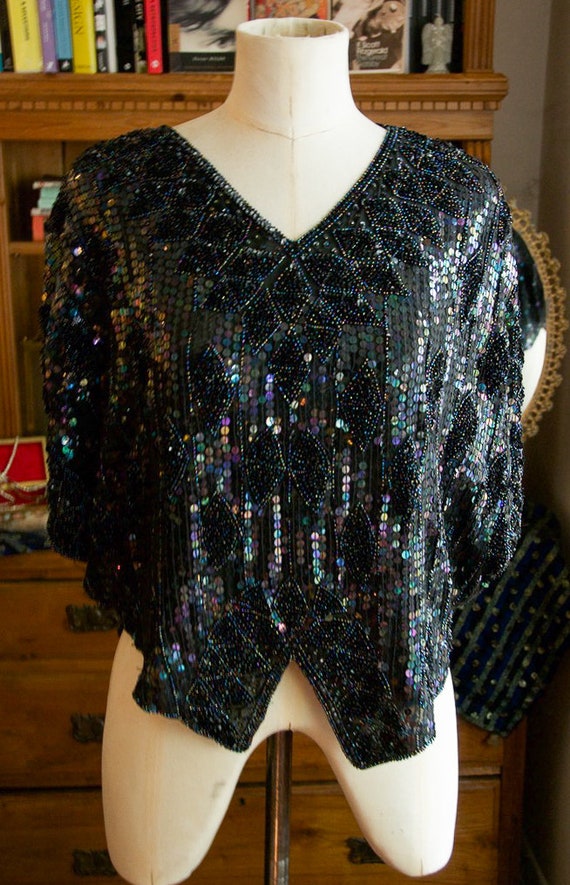 RACHELLE Vintage Silk Sequin Butterfly Top Beaded… - image 2