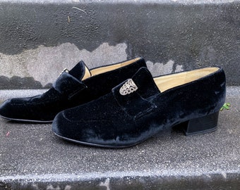 Vintage Black Velvet Loafers Shoes UK 5.5 EU 38.5 1920s 1990s Elegance (without shoe clips)
