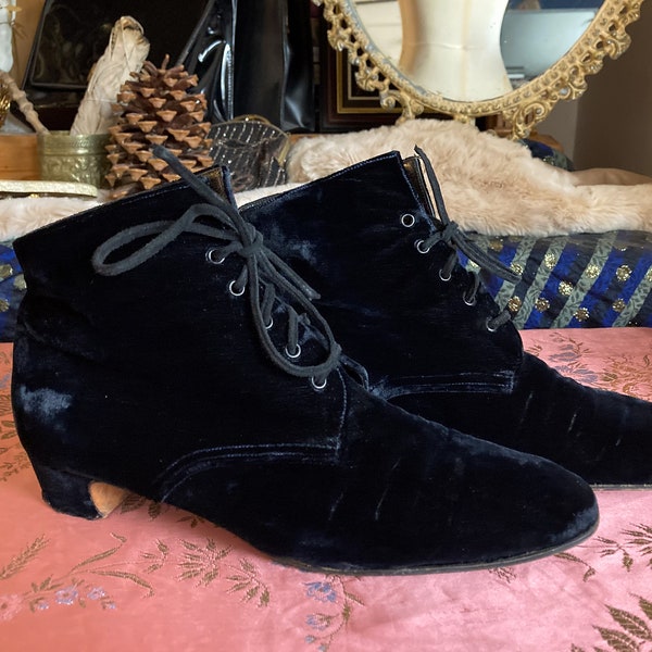 Vintage Emma Hope Negro Terciopelo Tobillo Cordones Botas Reino Unido 5.5 Victoriano Eduardiano Gótico