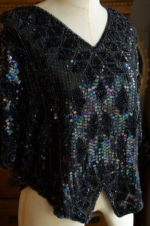 RACHELLE Vintage Silk Sequin Butterfly Top Beaded… - image 4