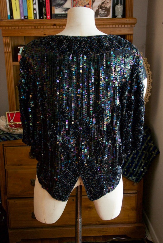 RACHELLE Vintage Silk Sequin Butterfly Top Beaded… - image 9