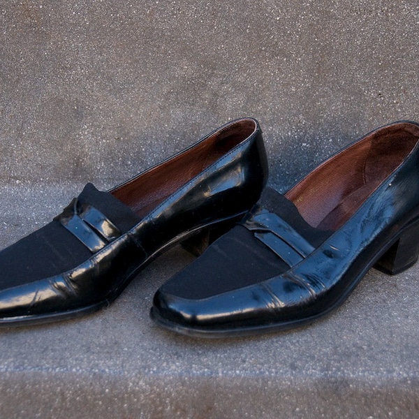 Vintage Black Heeled Loafers Shoes Size UK 5.5 EU 39 Patent Leather & Fabric