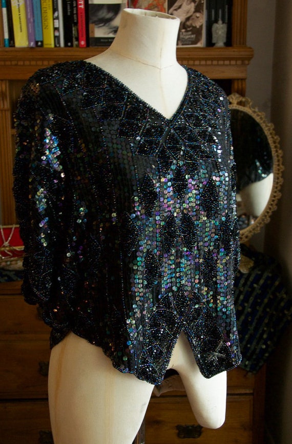 RACHELLE Vintage Silk Sequin Butterfly Top Beaded… - image 5