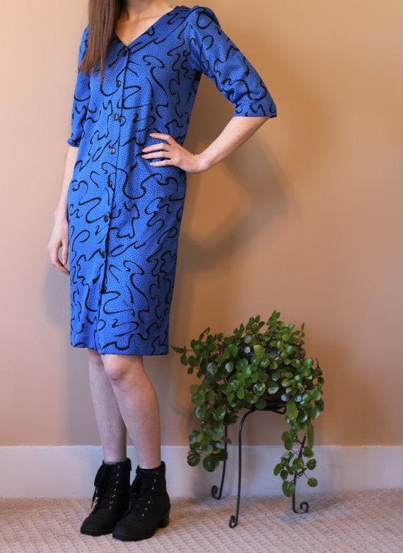 Vintage 80s Funky Dress - Fun Blue Pattern Dress - image 1