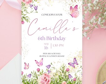 Invitación editable para cumpleaños, baby shower y boda con temática de mariposas. Invitación imprimible de 5x7. Descarga instantánea en Canva.