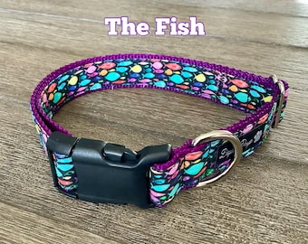 Adjustable Dog Collar: Bright Fish Print, Purple Webbing