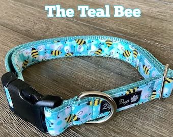 Handmade Bumble Bee Dog Collar: Teal Spring and Summer Pet Collar