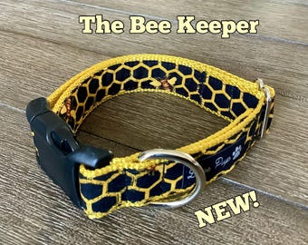 Honey Bee Dog Collar: Yellow Honeycomb Print, Beekeeper Gift