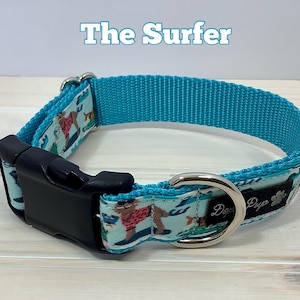 Handmade Dog Collar with Surfing Dog ,  Surfboard Pet Collar, Beach lovers collar, Ocean Theme Puppy Collar, Fun Fabric Dog Collar