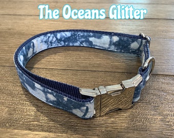 Sparkle Blue Tie Dye Dog Collar, Glittery Pet Collar