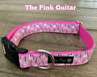Guitar themed Dog Collar, Pink adjustable Puppy collar