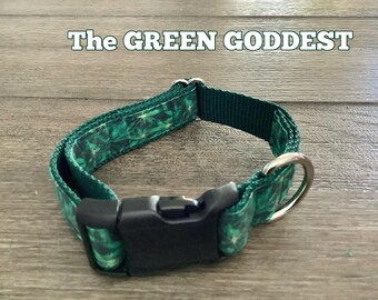 Cannabis Print Dog Collar, Green Cotton Fabric, Heavy Nylon Webbing
