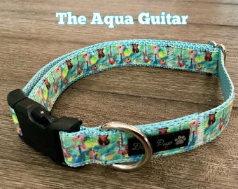 Guitar themed Dog Collar, adjustable light blue puppy collar