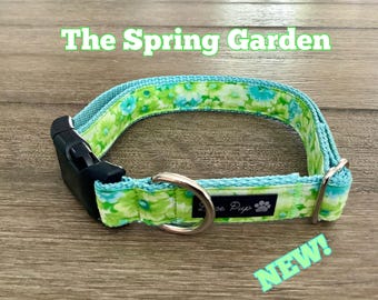 Adjustable Floral Dog Collar: Handmade Lime Green & Aqua Cotton Puppy Collar