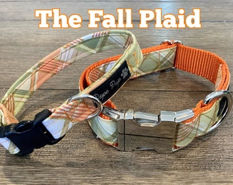 Fall Plaid Dog Collar, Green & Orange Puppy Collar