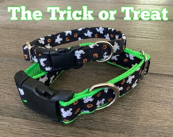 Halloween Dog Collar: Ghost & Pumpkin Print, Adjustable Fall Pet Collar
