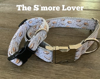 Handmade S'mores Dog Collar: Campfire Marshmallow Print, Adjustable Cotton Fabric Collar