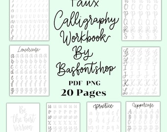 Pode incluir: Um livro de exercícios imprimível em preto e branco com 20 páginas para praticar caligrafia falsa. O livro de exercícios inclui páginas para traços básicos, letras minúsculas, letras maiúsculas e páginas de prática. O título do livro de exercícios é "Faux Calligraphy Workbook by Basfontshop".