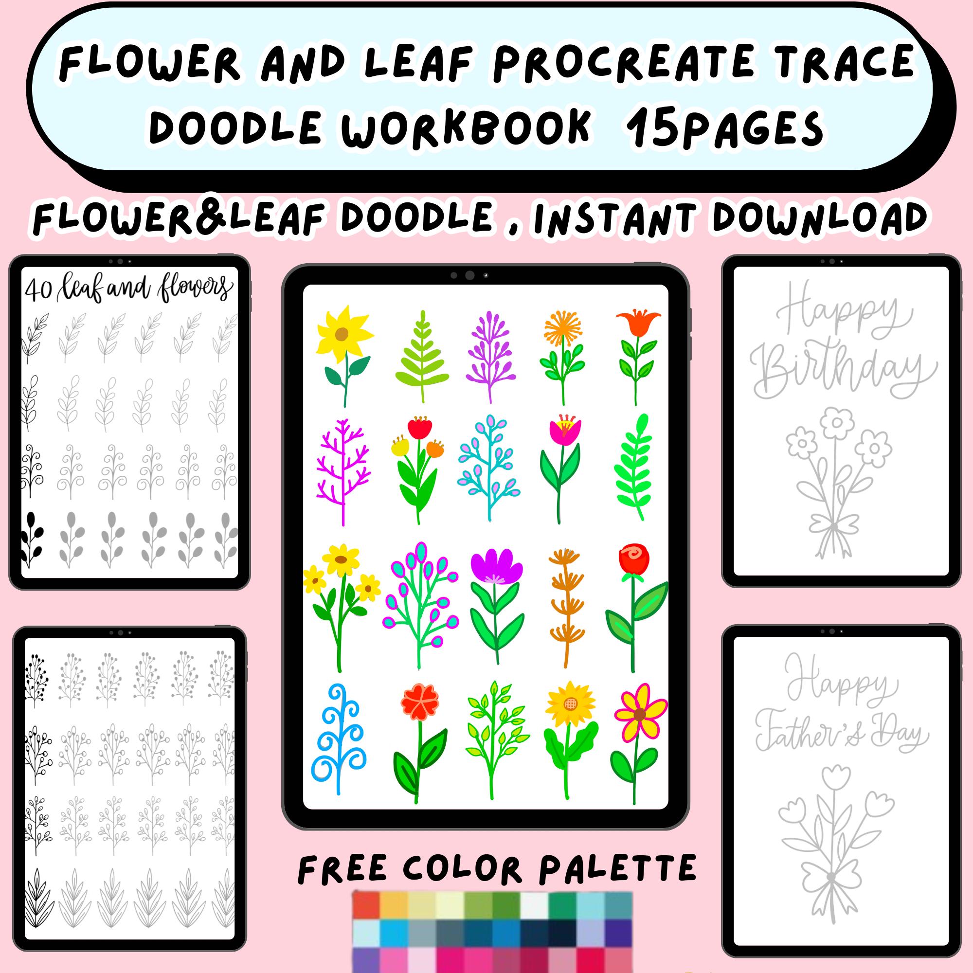 Flower and Leaf Procreate Tracing Workbook – Doodle Art & Adult Coloring Pages for iPad Lettering