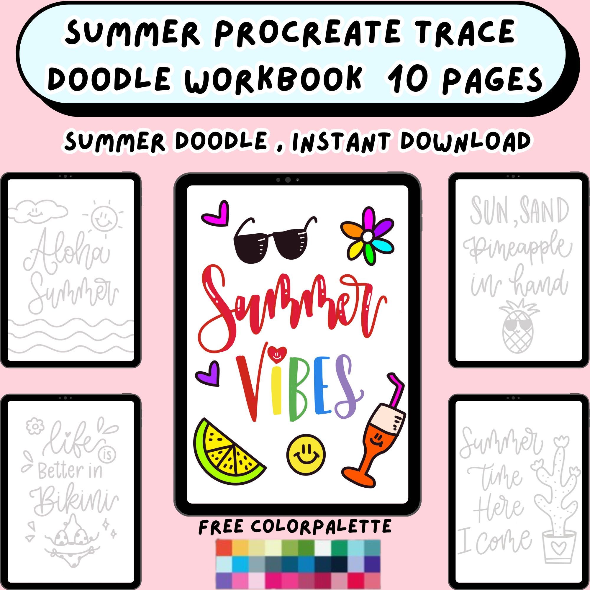 Summer Trace Doodle Art Workbook for Procreate & Print — Lettering, Adult Coloring Pages, Tracing Worksheets
