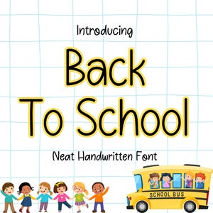 Pode incluir: Apresentação do Back To School, uma fonte manuscrita organizada. O texto é amarelo com contorno preto e está sobre um fundo de grade azul e branco. Um ônibus escolar amarelo com crianças dentro está na parte inferior da imagem.