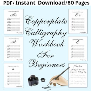 Puede incluir: Un Cuaderno de Caligrafía Copperplate para Principiantes. La imagen muestra un cuaderno de trabajo con páginas de práctica para aprender caligrafía. Incluye una pluma, un tintero y ejemplos de letras y palabras. El texto "PDF/Descarga Instantánea/80 Páginas" está arriba.