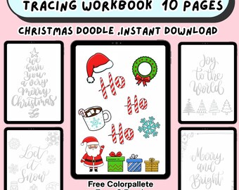 May include: A digital Christmas Procreate tracing workbook with 10 pages. The image shows a tablet displaying Christmas doodles, including a Santa hat, wreath, and gifts. Other tablets display holiday phrases like "Merry Christmas" and "Joy to the World."