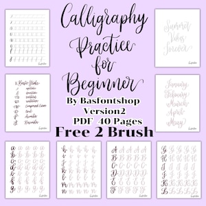 May include: A collection of calligraphy practice sheets for beginners. The title "Calligraphy Practice for Beginner" is displayed in elegant script. Includes practice sheets for basic strokes, alphabets, and months. The text "PDF 40 Pages Free 2 Brush" is also visible.