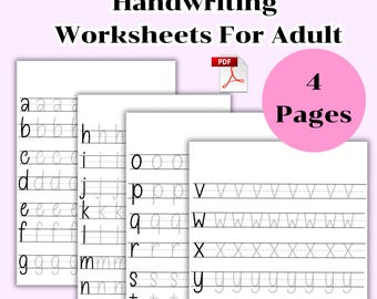 May include: Four printable worksheets for adults to practice handwriting the alphabet. Each page features a different letter of the alphabet with multiple lines for tracing.