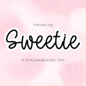 May include: A digital graphic featuring the text Introducing Sweetie A Cute Handwritten Font in black lettering. The word Sweetie is displayed in a large, bold, cursive script with a white outline against a soft, light pink background with stars.