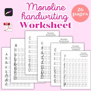 May include: A set of six printable handwriting worksheets for practicing cursive letters A through F. Each worksheet features a title "Monoline Handwriting Worksheet" and includes multiple lines for practicing each letter.