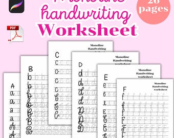 May include: A set of six printable handwriting worksheets for practicing cursive letters A through F. Each worksheet features a title "Monoline Handwriting Worksheet" and includes multiple lines for practicing each letter.